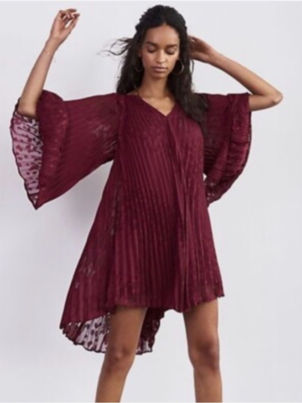 Anthropologie whimsy, BoHo Bell sleeve Burgundy Pleated Mini Dress